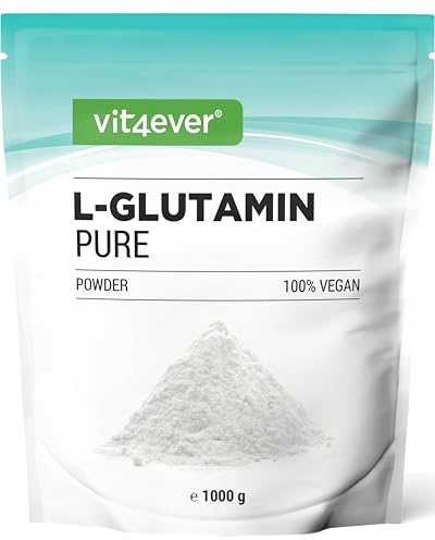 vit4ever Polvo de L-glutamina - 1000 g / 1 kg - Polvo de aminoácidos ultrapuro, extra de alta dosis - 100% vegano - Elaborado mediante fermentación vegetal