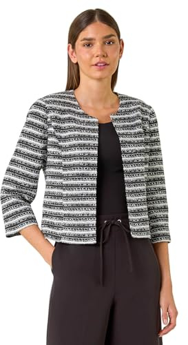 Roman Originals Collarless Cropped Boucle Jacket for Women UK - Ladies Everyday Holiday Spring Summer Edge to Edge Opening Comfy Soft Evening Vacation Work Party - Noir White - Size 18