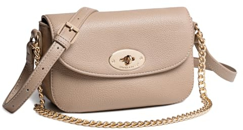 David Jones - Petit Sac Bandoulière Chaïnes Femme - Besace Simili Cuir PU - Sac à Main Porté Epaule Pochette à Rabat - Sacoche Ville Soirée Shopping Téléphone Mode Elégant Tendance Chic - Beige