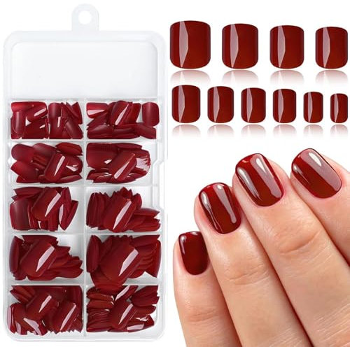 LunarCharm 240 Stück Burgunderrote quadratische Press-on-Nägel mit Laschen, kurze Nägel zum Aufdrücken, quadratische Acrylnägel, künstliche Fingernägel