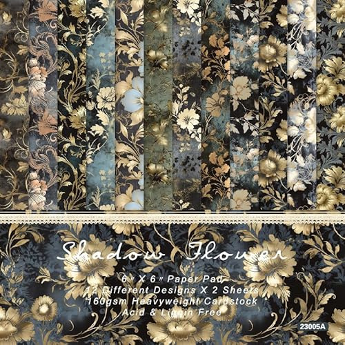 24 Sheets Vintage Scrapbook Paper 6x6 Inch, Floral & Damask Cardstock with Dark Vintage Patterns, DIY Card Making, Photo Albums, Journaling, Acid & Lignin Free Decorative Craft Paper Pad