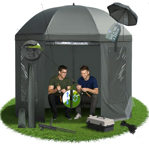 Gartstary Angelschirm 240 cm - Stabilität Angelschirm mit Seitenwand - 210D Oxford-Gewebe, PU-Wasserdichte, Verstellbar Schirmzelt Angeln mit 3 Fenstern, Einfache Montage, für Outdoor Camping & Angler
