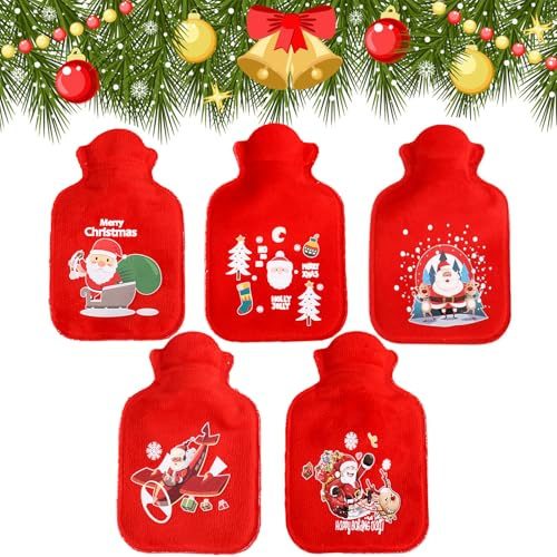 Borsa Dell'acqua Calda,5 Pezzi 1L Borsa Dell'acqua Calda con Coperchio Borsa Dell'acqua Calda Lavorata a Maglia Borsa Dell'acqua Calda Addensata in Gomma,Rossa Natale tema Babbo Natale