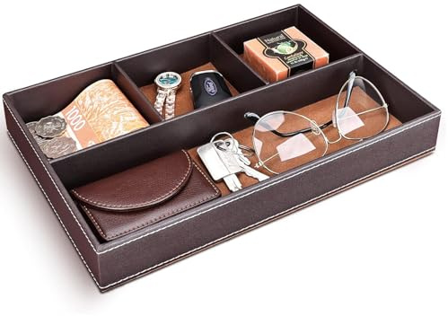 Bandeja de Valet Cuero, Bandeja de Almacenamiento, Organizador de Escritorio Organizador, para Cuarto de Baño, Hogar Salón Dormitorio Soporte Caja para Joyas, Mando a Distancia, Teléfonos, Marrón