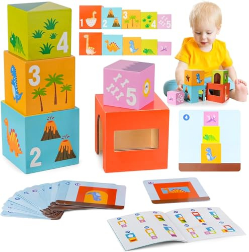 KERCAMKEL Baby Torre Impilabile e Cubi Impilabili a partire da 1 Anno, Gioco di Impilamento Dinosauri con 5 Cubi Impilabili, Torre Impilabile Montessori Giocattolo Motorio, Regali per Bambini Piccoli