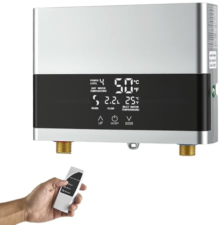 Calentador de agua instantáneo de 6000 W, 230 V, con mando a distancia y pantalla LED, mini calentador de agua eléctrico para ducha y cocina, incluye cabezal de ducha, protección IPX4 para baño y