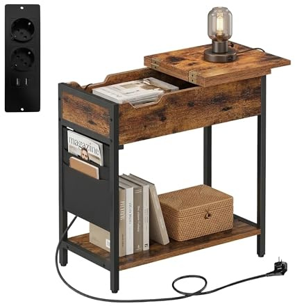 Mesa Auxiliar Relaxdays con enchufes y USB, Bolsillo Lateral, 60x60x31,5 cm, mesita de Noche Industrial, Negro/marrón