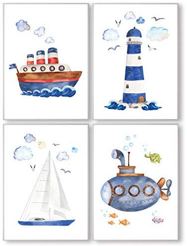 Pandawal Ahoi Poster 4er Set DIN A4 Kinder Bilder für Junge und Mädchen Kinderzimmer Deko blau Maritim mit Meer Möwen Schiff Leuchtturm Uboot T18