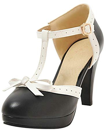 LOVOUO Femme Chaussure Mary Jane Escarpin Rockabilly Vintage Rétro Talon Bloc Lanière Carré Haut Plateforme Chunky avec Noeud Boucle 9CM(Noir,38)