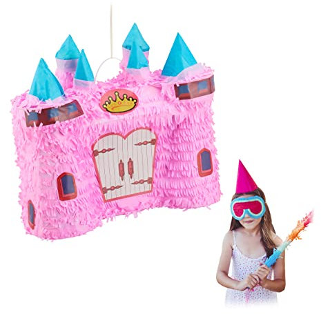 Relaxdays 10031491 Pinata Schloss, märchenhafte Kinderpinata zum Befüllen, Geburtstag Mädchen, Schlagpinata Prinzessin, rosa