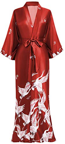 PRODESIGN Long Kimono Robe Satin Sleepwear Blouse Bathrobe Nightgown Silky Crane Kimono Cardigan Robe