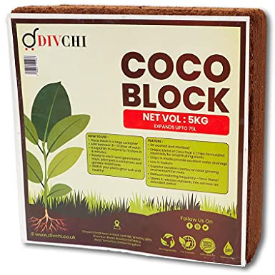 DIVCHI COCO BLOCK 5kg (70L) | ORGANIC | COCONUT FIBRE | 100% NATURAL | REPTILE FRIENDLY | PLANTING COCO SOIL | PH STABLE GROWING COMPOST I HIGH MOISTURE RETENTION I HEALTHY AERATION