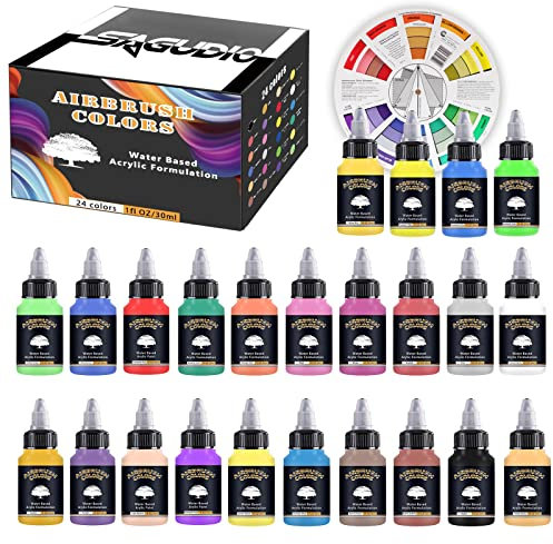 SAGUDIO Acrylpigment für Airbrush Farben 24x 30ml Grundfarben Color Fertige Airbrush Set,wasserabweisend und schnell trocknend Modelle für Hobby,für Künstler Anfänger