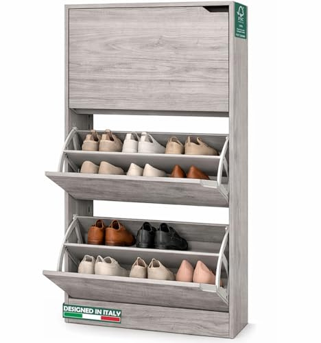 BAKAJI Scarpiera Portascarpe in Legno MDF con 3 Ante Porta Scarpe a Ribalta Maniglie a Scomparsa Doppia Profondità Dimensioni Compatte Slim 63 x 24 x 115 cm Salvaspazio Ingresso Casa (Grigio)