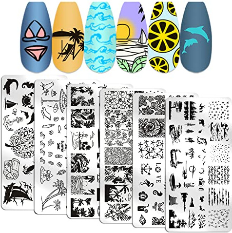WOKOTO Lot de 6 plaques de stamping pour ongles en bord de mer et de vacances - Pour décoration d'ongles d'été - Palmier - Bateau - Poisson - Fleur - Pour nail art