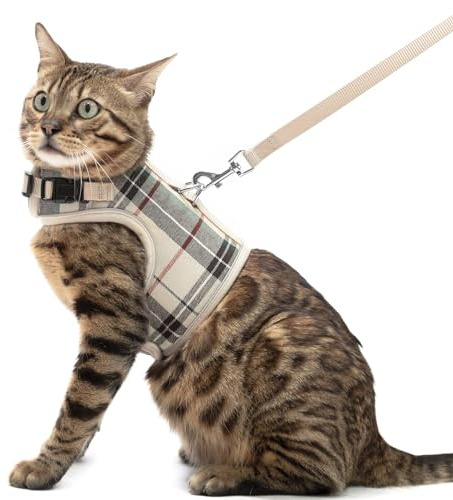 PUPTECK Soft Mesh Cat Vest Harness and Leash Set Puppy Padded Pet Harnesses Escape Proof for Cats Small Dogs Rabbits Bunny, Plaid Beige, XL
