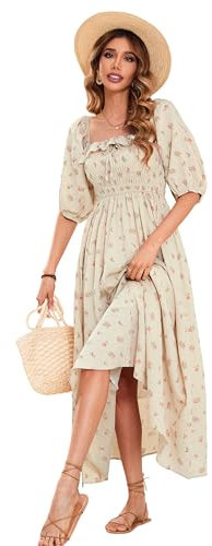 R.Vivimos Women's Square Neck Floral Slim Fit Half Sleeve Dresses Cottagecore Long Midi Dress(Medium,Beige#1-Floral)