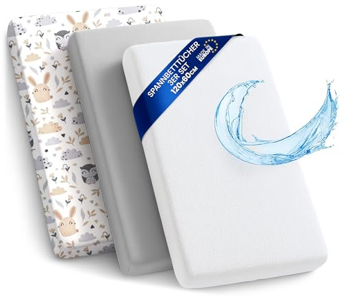 Lenzuola con angoli per passeggino Set di 3: 60x120 cm - 2 lenzuola + 1 coprimaterasso impermeabile - Accessori per lettino per culla co-sleeping carrozzina 60 x 120