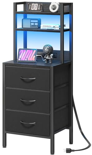 Fixwal 41 Inch Tall Nightstand with Charging Station, 3 Fabric Storage Drawers and Shelves, Led Night Stand with U-S-B Port & Socket, Bedroom Dorm Office, Bedside Table & Bookshelf in One, Black