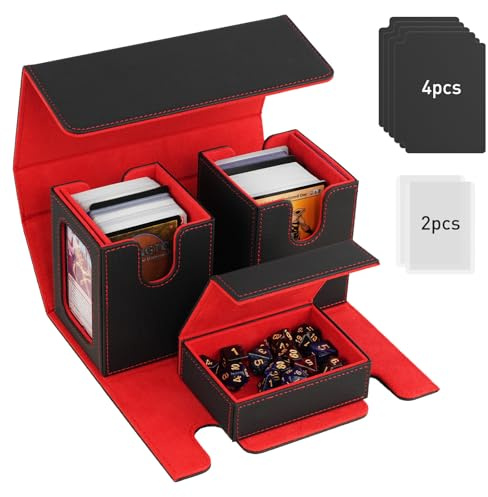 TiMOVO Scatola Porta Mazzi di Carte Magic, Scatola Magnetica con 2 Commander Display e 4 Divisori per 200+ Carte e 1 Vassoio per Dadi, Deck Box in Pelle per Carte Magiche MTG YuGiOh TCG CCG, Nero+Ross
