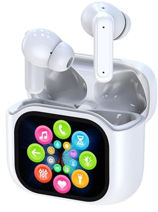 Wireles Smart Touch Screen Active Noise Cancelling Earbuds In Ear Work Headphones ANC Touchscreen Earphones TWS True Wireless Earbuds Bluetooth 5.3 ENC Ear Buds with Screen On Case for iPhone Android