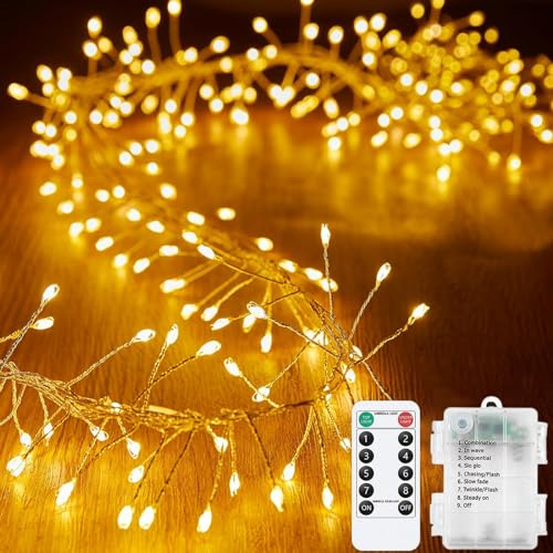 KINGCOO Guirnalda de luces de hadas petardo con control remoto, 39 pies, 400 luces LED de alambre plateado, funciona con pilas, con temporizador, para exteriores, interiores, dormitorio, boda,