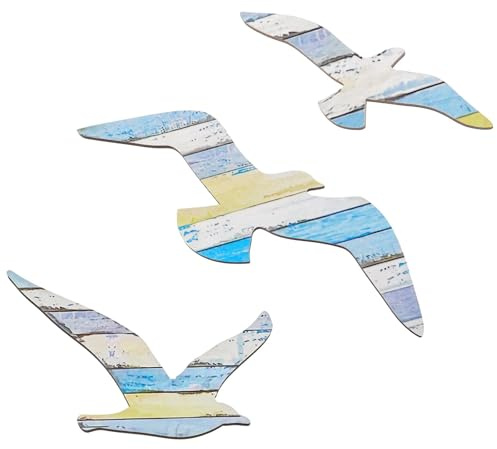 Galenecx 3 Piezas Arte Mural Gaviota, Decoración de Pared de Gaviotas de Madera, Accesorios Náuticos de Baño, Fácil De Instalar Decoración de Pared para el Hogar