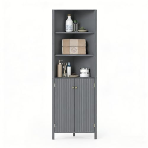 LIFEZEAL Mobile Bagno Angolare Salvaspazio, Armadio Bagno ad Angolo, 58x32x172,5 cm, Credenza Cucina, Dispensa, con Ripiani Regolabili, 5 Scomparti, 2 Ante, Moderno, in Legno, Portaoggetti (grigio)