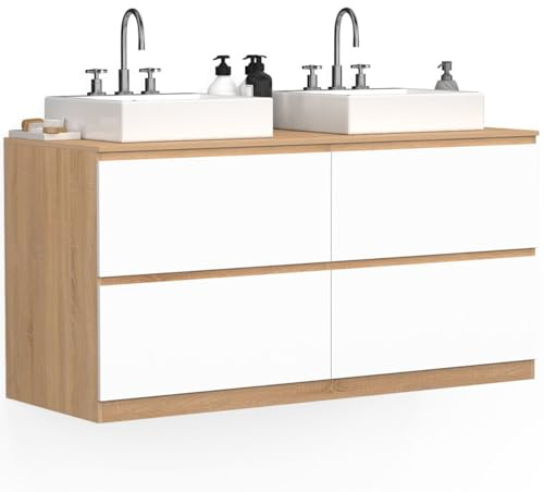 IDMarket TOMI - Mueble doble lavabo colgante para cuarto de baño, 120 cm, 4 cajones, forma de haya y blanco