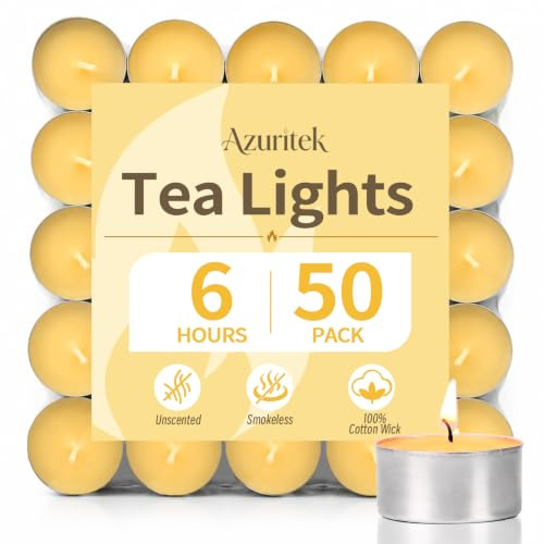 Azuritek 50 PCS 100% Beeswax Tealight Candles, 6H Burn Time, Unscented