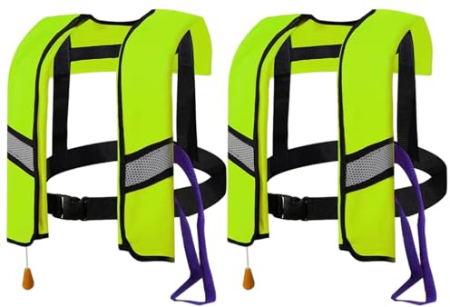 Lawnrden Lot de 2 Gilets de Sauvetage gonflables automatiques 150 N avec Bandes réfléchissantes et sifflet supplémentaire, Gilet Bain Portable pour Adultes (Taille Unique), Vert Clair