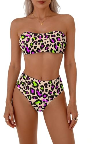 GEEKPC Beige Leopard Bandeau Bikini Set for Women - Strapless Top with Adjustable Tie Support and High-Waisted Bottoms, Flattering Two-Piece Swimsuit for Beach, Pool and Holiday, Size M