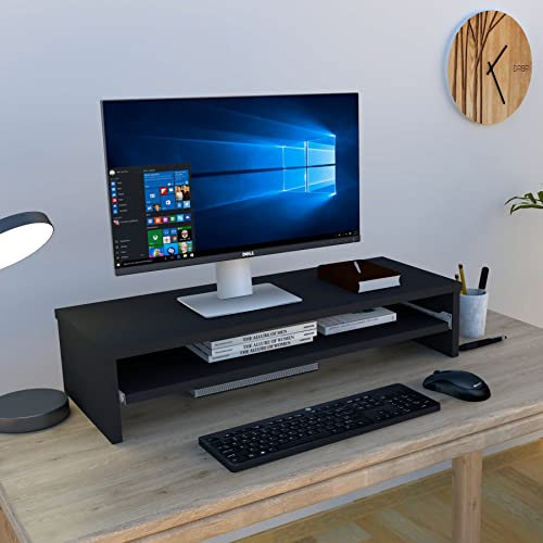 Henor Stand Monitor Riser Wooden Screen with Removable Tray 82 x 32 x 18 cm. Supports 50 kg.Graphite.