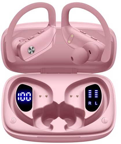 bmani Ear Buds Wireless Earbuds Bluetooth Headphones with 80H Playtime LED Display Case, Over-Ear Hook with Mic, Stereo Sound, Easy Button Controls, Sports Earphones for Running Workout Gym Pink