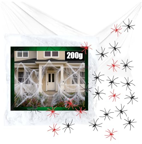 com-four® Juego de decoración de 25 Piezas para Halloween - Telaraña elástica de 200 g con 24 arañas en 2 Colores - Telaraña Blanca aterradora para Halloween, Carnaval, Fiestas de Terror o temáticas