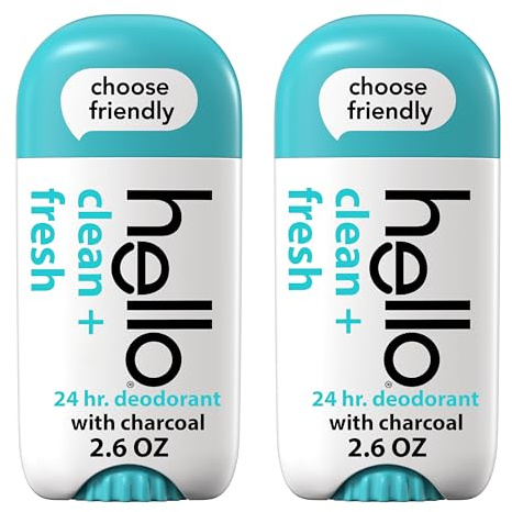 hello Clean and Fresh Aluminum Free Deodorant for Women and Men with Charcoal, 24-Hour Freshness, Baking Soda Free Deodorant, Dermatologically Tested, 2.6 oz Stick (2 Pack)
