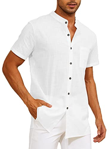 CheChury Camisa de Lino Manga Corta Informal para Hombre - Suelta de Verano de Color Sólido con Botones Top con Bolsillo - Estilo Hawaiano Casual