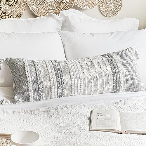 BlissBlush Gray Decorative Lumbar Pillow Cover 14x36, Grey Boho Long Body Pillow for Bed, Farmhouse Lumbar Throw Pillow for Couch, Modern Accent Textured Throw Pillowcase