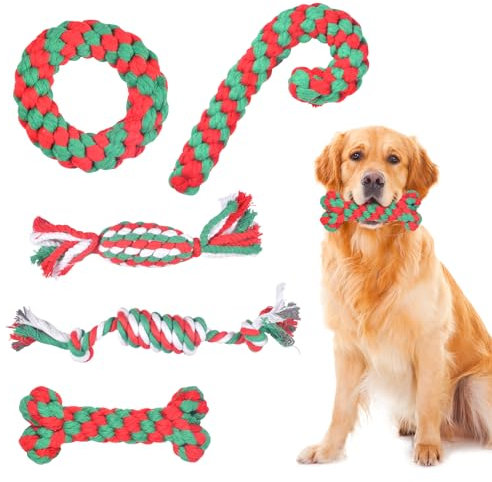 5 Stück Hundespielzeug für Kleine und Mittlere Hunde - 100% Natürliches Baumwollseil Set, Kauspielzeug, Weihnachts Zuckerstange Seil