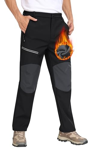 MoFiz Pantalon Randonnée Homme Softshell Chaud Pantalon Ski Chasse Doublé Polaire Coupe-Vent Imperméable Hiver Outdoor Sport Pantalon de Travail avec Poches Zippées A- Noir EU 4XL