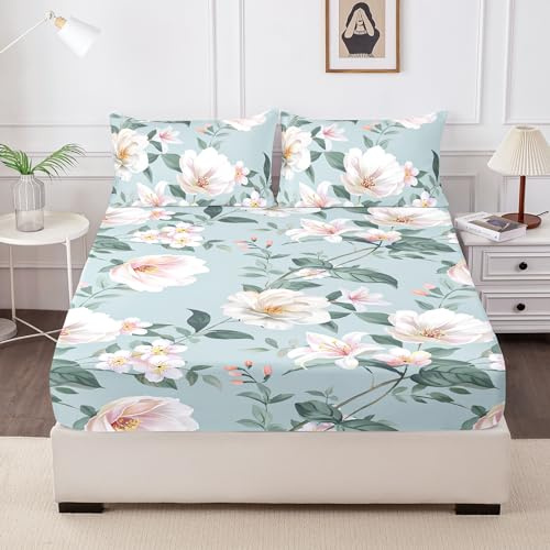 HCORA Floral Fitted Sheet with Pillow Cases, 100% Brushed Microfibre Deep Pocket Fitted Bottom Sheet, Ultra Soft, Shrinkage and Fade Resistant, Queen Size