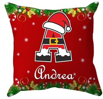 Puzzletee Cuscino Natalizio Personalizzabile con Iniziale e Nome – Grafica Natalizia Personalizzata per un Caldo Natale – Sfondo Rosso, Idea Regalo Originale per le Feste
