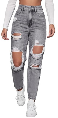 Floerns Women's High Waist Boyfriend Straight Leg Ripped Jeans Distressed Denim Pants Grey Large