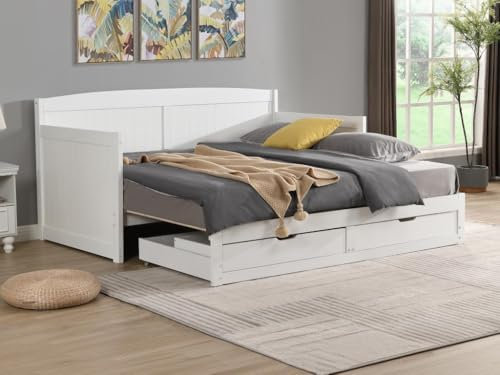 Vente-unique-Cama Nido sofá 90 x 190 o 180 x 190 cm - con somier de Peine y cajones - Pino y MDF - Blanco - DINIVA