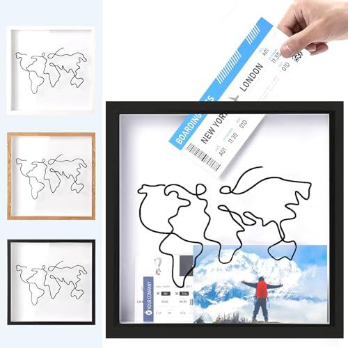 Jastown 30 * 30cm Adventure Archive Box,Salvadanaio Viaggio con Slot,Scatola di Raccolta di Viaggi,Scatola di Ombra del Biglietto,Mappa del Mondo della Cornice della Scatola,Scatole Legno (Nero)