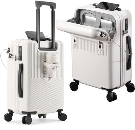 lesulety Small Suitcase Hand Luggage Wheeled Suitcase Wheeled Cabin Luggage 360 ° Wheel Rotation with Cup Holder,White,20in