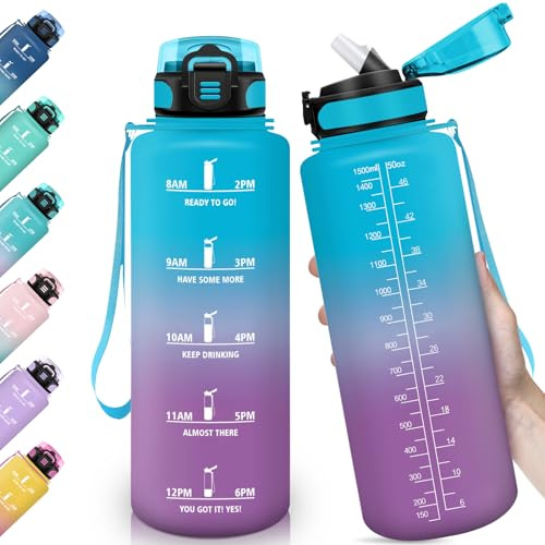 HoneyHolly Trinkflasche Sport 1.5L mit Strohhalm, Auslaufsicher, Wasserflasche, mit Zeitmarkierung, Trinkflasche Kohlensäure Geeignet für Outdoor, Radfahren, Fitness, Yoga