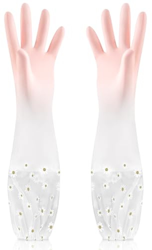 Feibety Long Rubber Gloves - Cotton Lined for Household & Garden Chores, Gardening, Weeding, Washing, Cleaning & Dishwashing - Medium Protection, Heavy Duty, Waterproof Sleeves