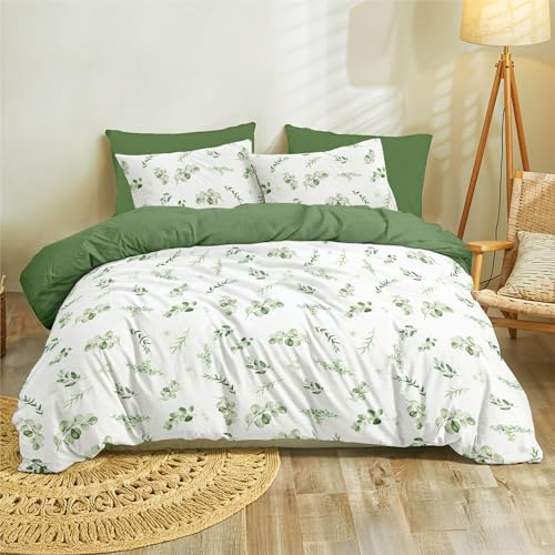 Dreamzie Housse de Couette 220x240cm avec 2 Taies d'oreiller 65x65 cm, Motif Botanique Vert Sauge, Parure de Lit en Microfibre 220x240 Adulte Motif à Feuilles avec Fermeture Éclair,Oeko TEX