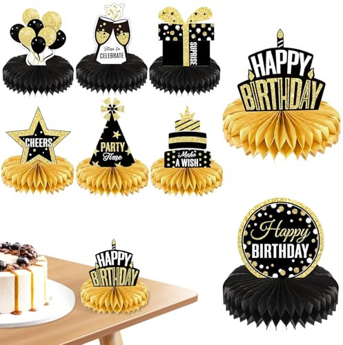 Bienenwaben Deko Geburtstag Schwarz Gold 3D Waben Tischdekorationen Geburtstag Bienenwaben Deko Papier Tischaufsätze Deko Bienenwabe Mittelstück für Geburtstagsparty Männer Frauen Tischaufsätze, 8 St